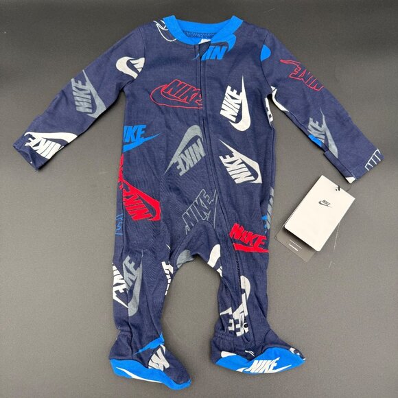 Nike Baby Footed Pajamas 3M Blue Multicolor Navy Logos Cotton Blend 56G821-U90 - Picture 1 of 5